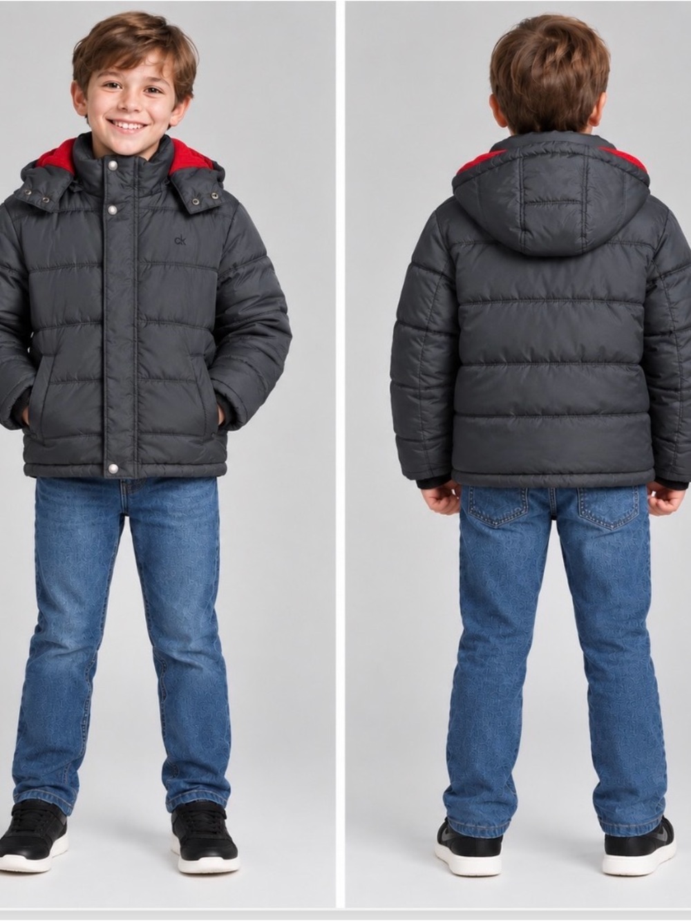 Calvin Klein Boys' Charcoal Puffer Jacket withHood and Red Fleece Lining.